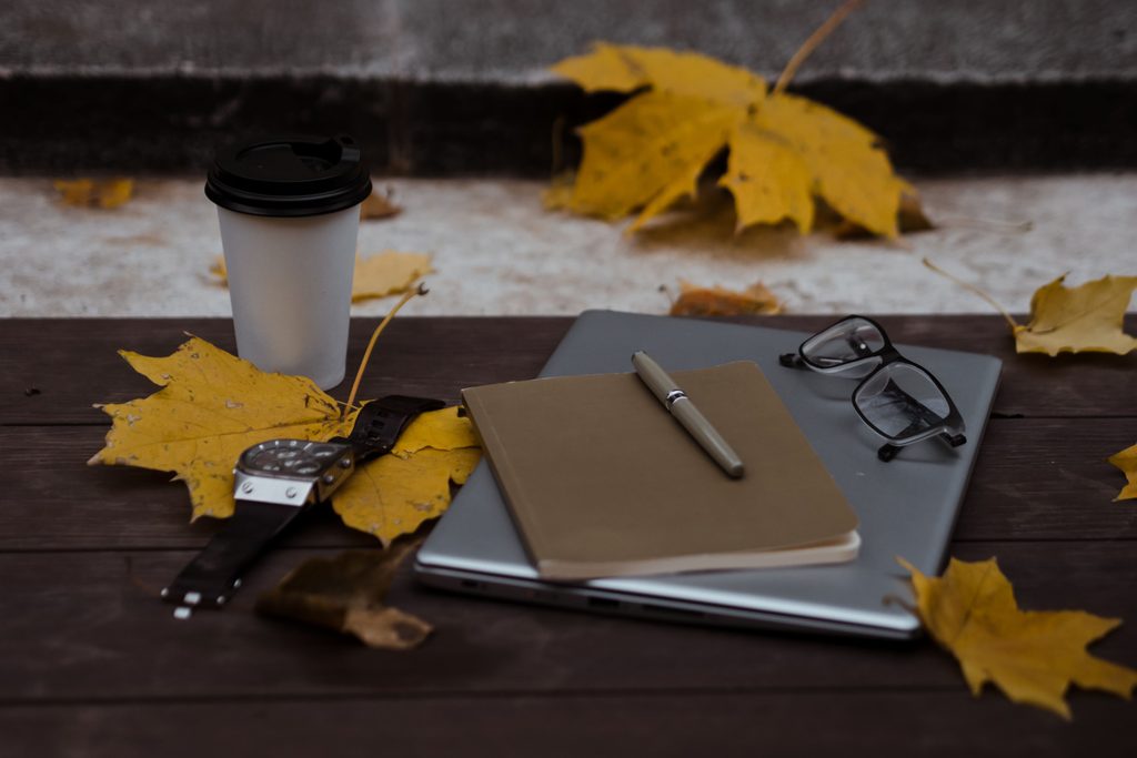 Yellow and orange autumn leaves on a dark background, representing fall marketing and SEO preparation for Q4.
